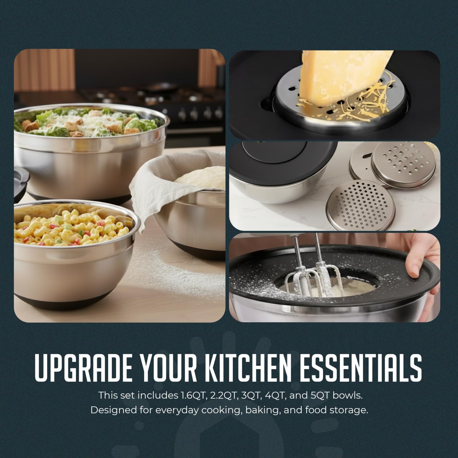 5-Piece Stainless Steel Mixing Bowls with Grater, Durable Nonslip Nesting Mixing Bowl Set with Lids, Rust Proof Kitchen Bowls for Cooking and Storage