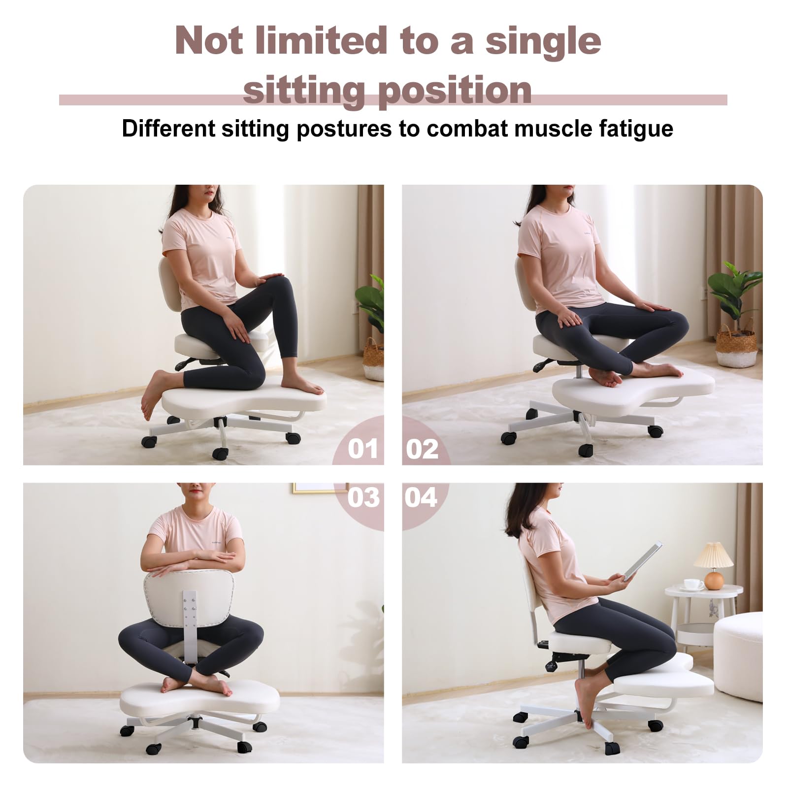 Ergonomischer Meditationsstuhl, ADHS-Stuhl mit Lendenwirbelstütze und Rädern, höhenverstellbar, Bürostuhl mit gekreuzten Beinen und Beinauflage, Criss Cross Chair (weiß)