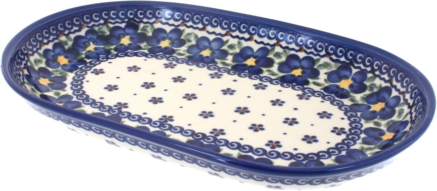 Blue Rose Polish Pottery - Brown Aztec Flower Medium Oval Dish - 10.75" x 6.75" - Unique Platter for Dinner Parties, Very Durable & Dishwasher Safe