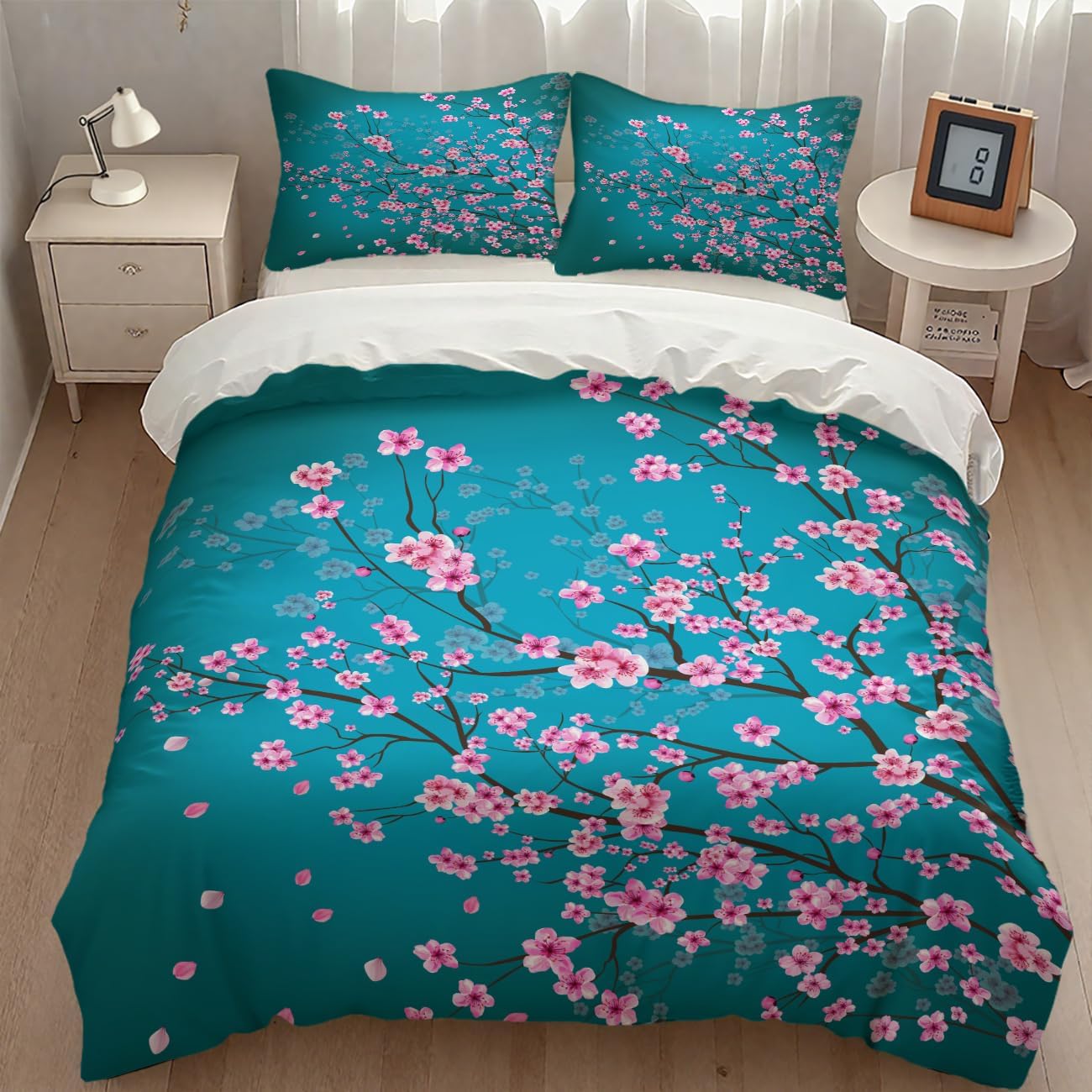 Japanese Koi Fish Bedding Duvet Cover Set,Asian Style Pink Cherry Blossom Big Wave Yin Yang Black White Koi Retro Landscape Bedding Comforter Set with Pillowcase,Twin 86"x70"