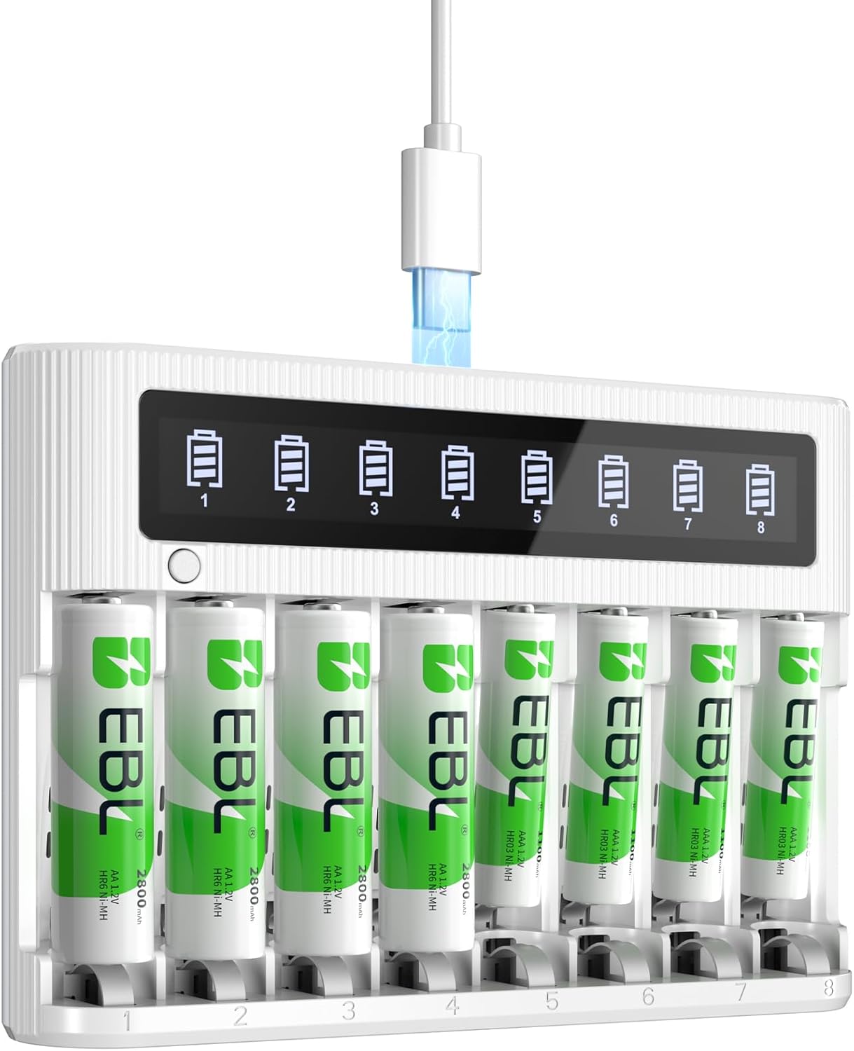 EBL 8 Bay Battery Charger with LCD Screen, Fast Charging for AA AAA Batteries, Includes 4 AA 2800mAh and 4 AAA 1100mAh NiMH Rechargeable Batteries