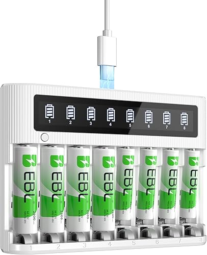 EBL Cargador de batería de 8 bahías con pantalla LCD de carga rápida, cargador de batería AA AAA con baterías AA de 2800 mAh NiMH 4 piezas y batería