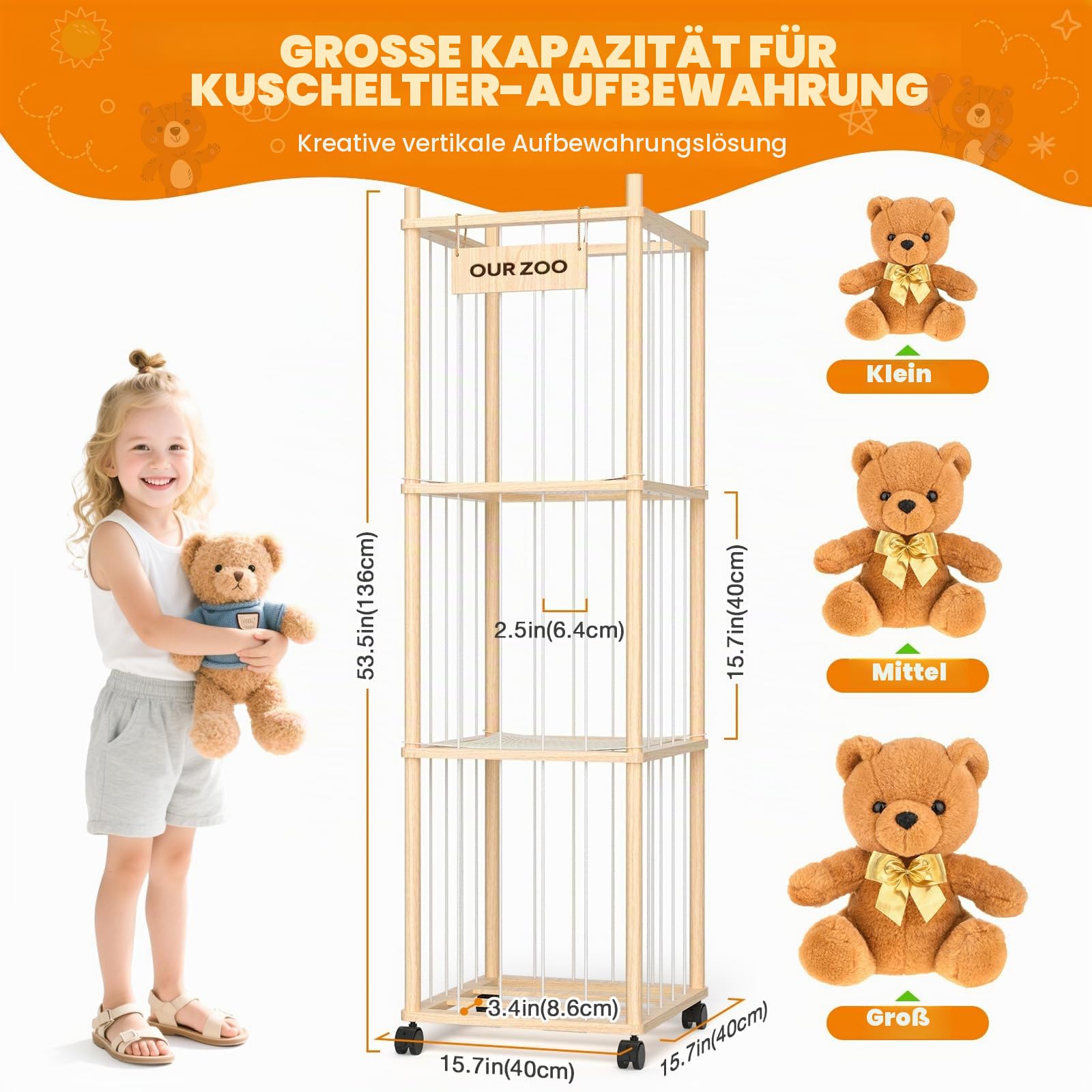 Uvellgift Holz Kuscheltier Aufbewahrung mit Netz, Stofftier Aufbewahrung Organizer 360° Drehrollen mit Bremse, Plüschtier Aufbewahrungsturm für Kinderzimmer Spielzimmer, 136x40x40cm