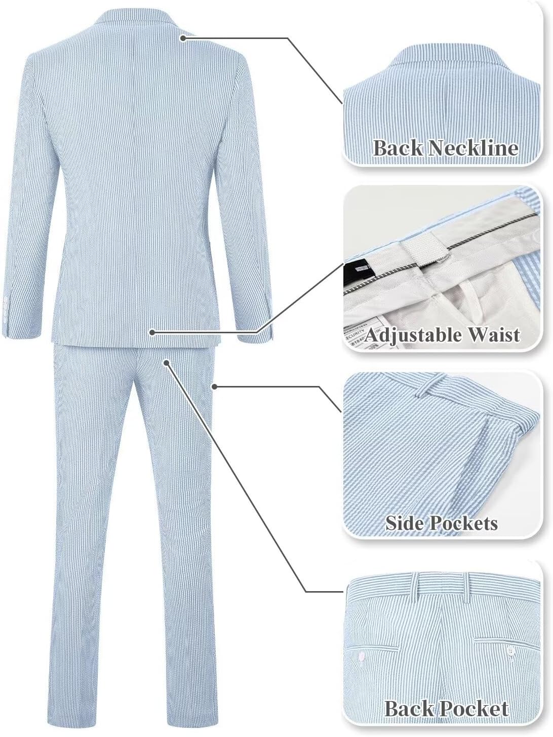 Wehilion Men's Seersucker Summer Suit Groom Wedding Seersucker Outfit Slim Fit Formal Suit Set for Men