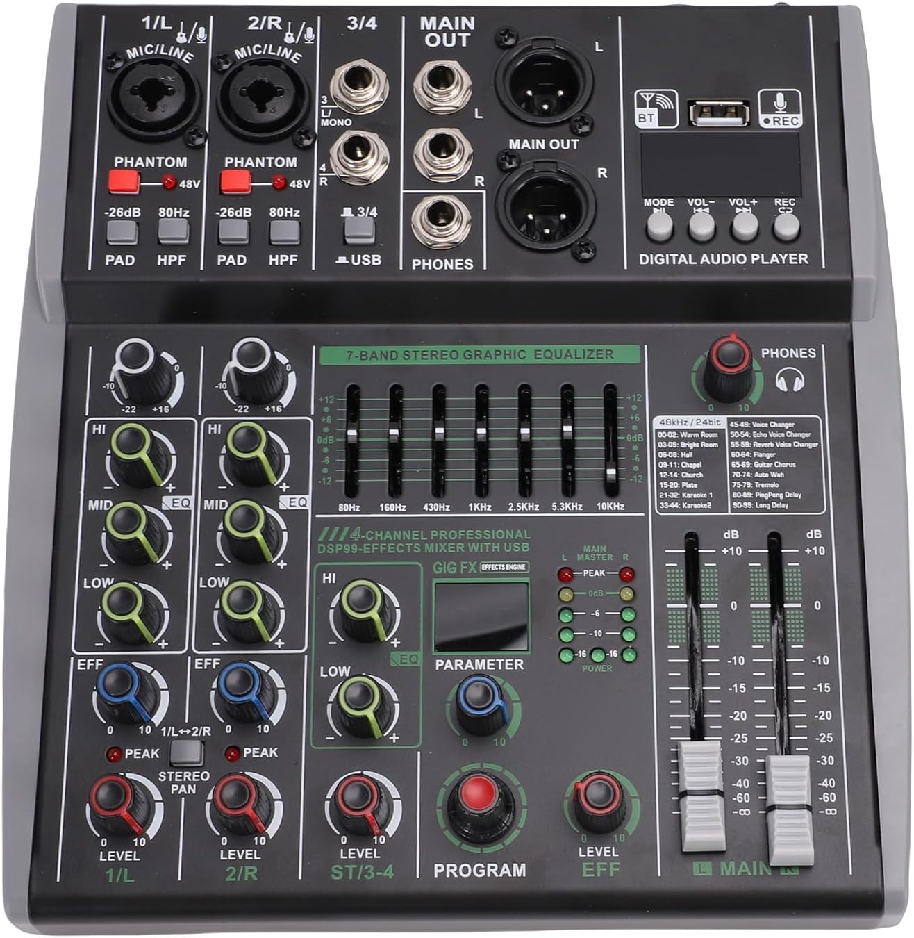 Yoidesu 4-Channel Audio Mixer with 99 DSP Effects, 48V Phantom Power, USB Recording, 7-Band EQ for DJ Karaoke Live Performances