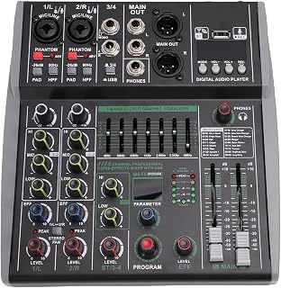 Yoidesu 4-Channel Audio Mixer with 99 DSP Effects, 48V Phantom Power, USB Recording, 7-Band EQ for DJ Karaoke Live Performances