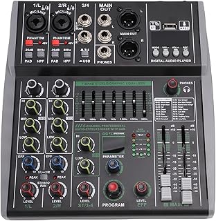 Yoidesu 4 Channel Sound Mixer, 48V Power USB MP3 Recording with Digital Signal Processor 99 Effects 7 Band EQ, for Live Recording Karaoke DJ Performance (US Plug)