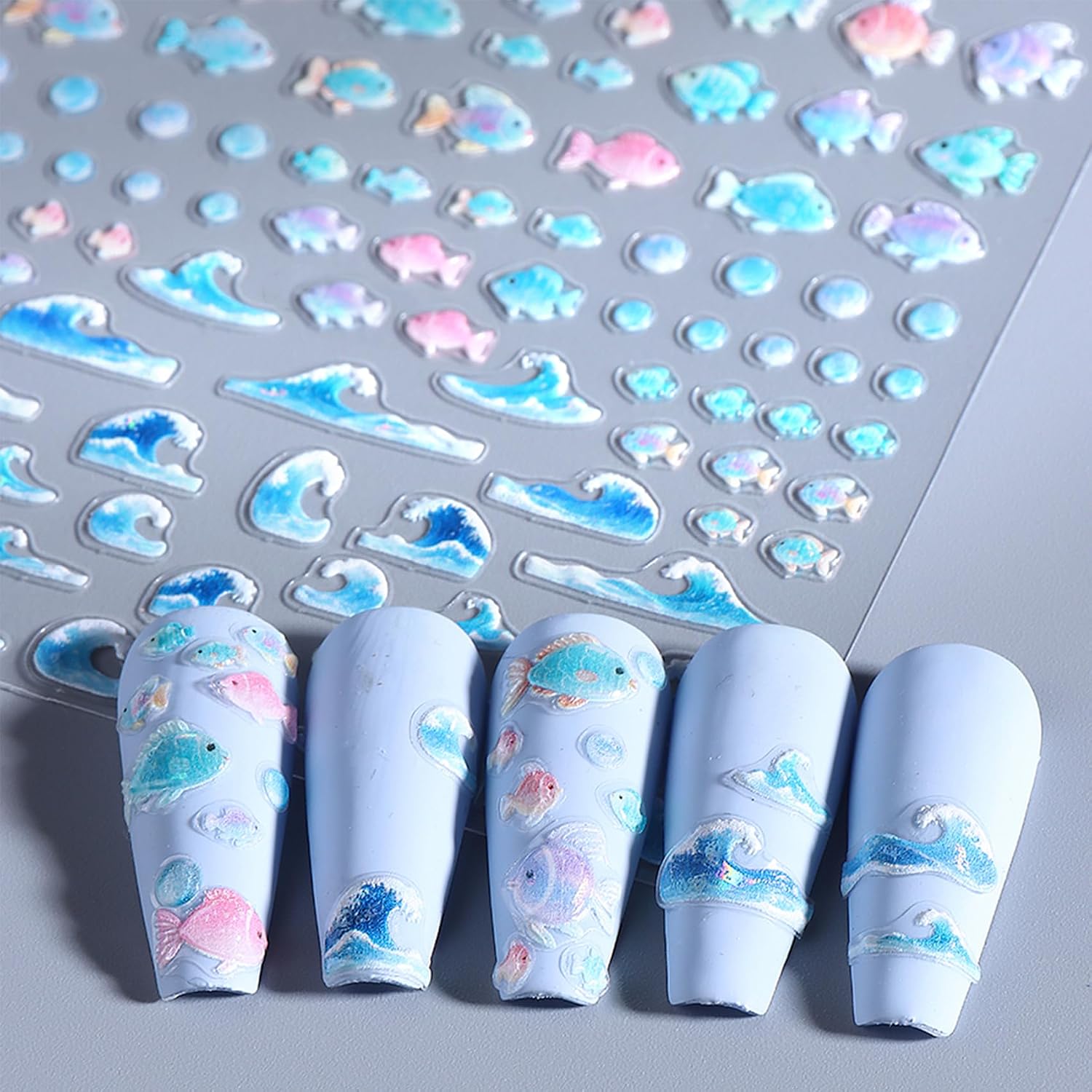 IDDFEVE Embossed Summer Nail Art Stickers - 5D Beach Palm Tree Self-Adhesive Nail Decals for DIY Coconut Fish & Wave Manicure (2 Sheets)