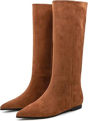 YIYA Womens Suede Knee High Flat Boots Pointed Toe Flat Heels Pull On Long Boots Fall Winter Tall Boots