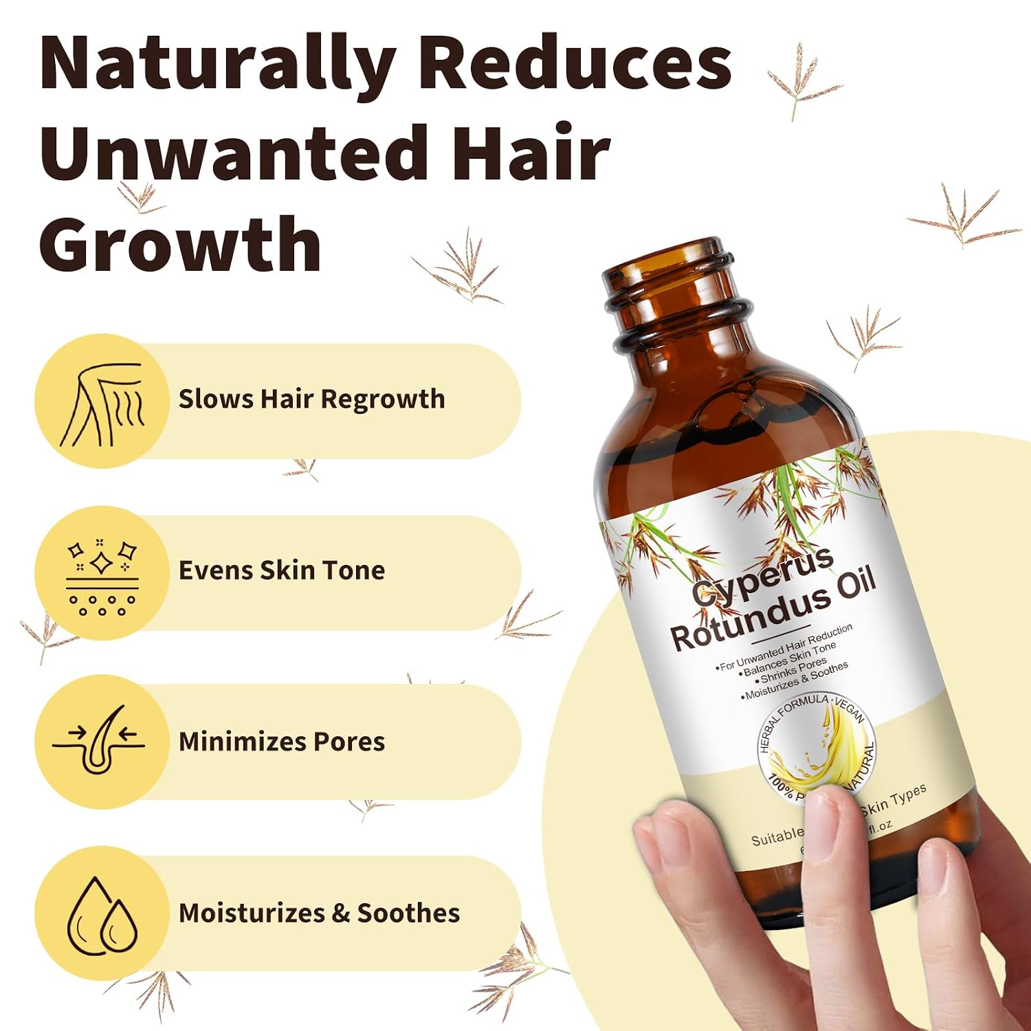 NIFEISHI Cyperus Rotundus Oil, 100% Natural, Cyprus Rotundus Oil for Hair Removal, Moisturizes & Soothes The Skin, Reducing Body Hair Growth, Shrink Pores, Suitable for All Skin Types 2.02 FLOz