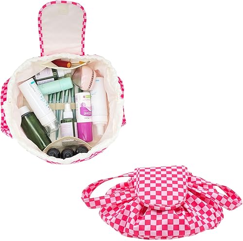 Miniatura 8 de Bolsa de maquillaje grande con cordón de barril para mujer, bolsa organizadora de maquillaje portátil para el cuidado de la piel y artículos de