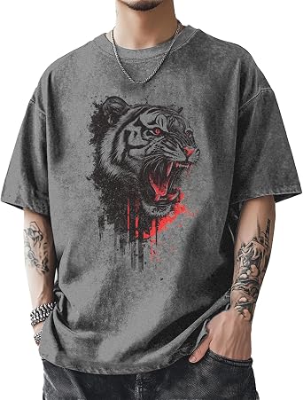 Mens Cotton T-Shirts Oversized Heavyweight Washed Tee Summer Cool Tiger Print Tops Short Sleeve T Shirts
