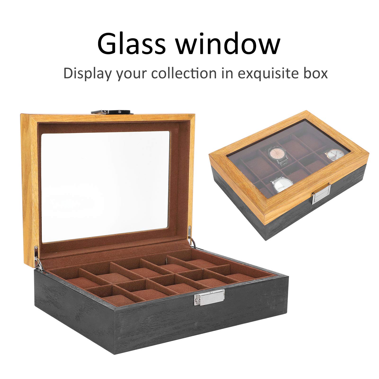 Rengue Caja de reloj de madera con 10 compartimentos, diseño de placa de vidrio, organizador de estilo vintage para colección de relojes para hombres, regalo perfecto para entusiastas de los relojes