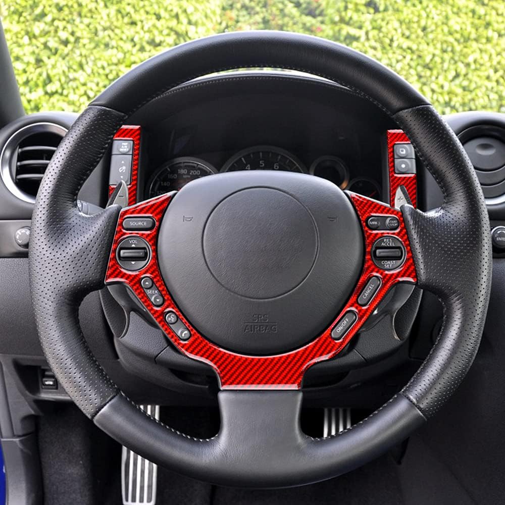 AIRSPEED Car Steering Wheel Button Sticker Carbon Fiber Interior Switch Button Panel Cover for Nissan GTR R35 2008-2016 Accessories (Red)