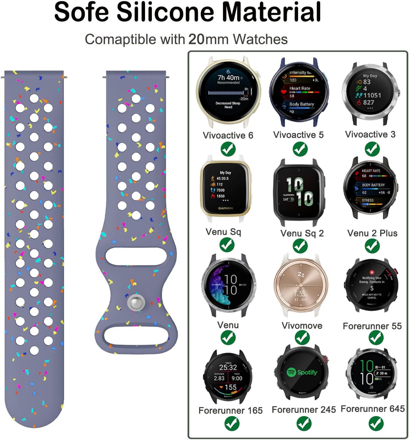 ViCRiOR Watch Bands Compatible with Garmin Vivoactive 6/Vivoactive 5/Vivoactive 3/Venu Sq 2/Forerunner 55/165/245, 20mm Soft Silicone Eco-Friendly Breathable Replacement Strap for Women Men image 5