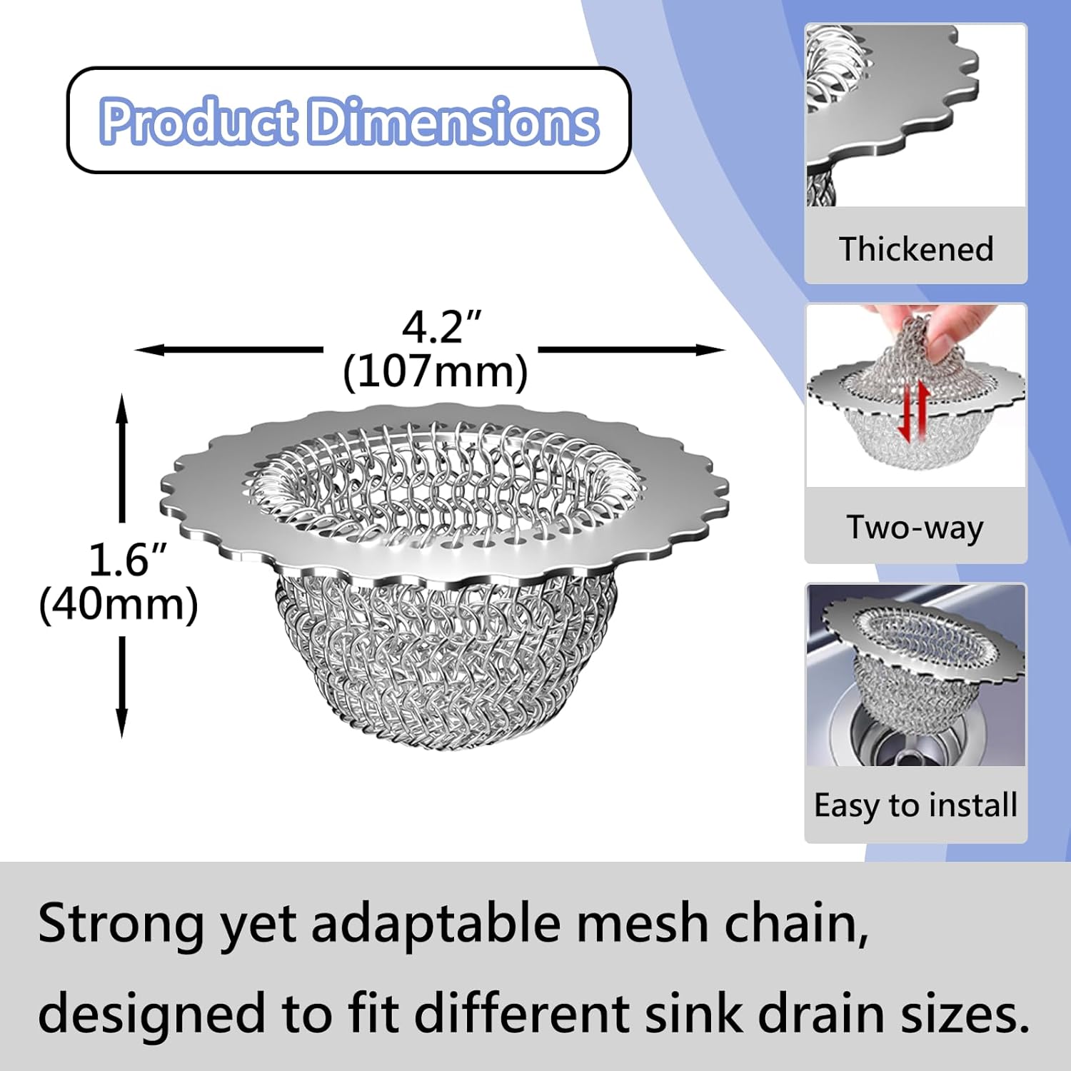 Kitchen Sink Drain Strainer, Patented 304 Stainless Steel Reversible Mesh Strainer with Flexible Chain, Handcrafted Anti-Clog Garbage Disposal Cover, Easy to Install & Clean - 1 Pack - Image 5