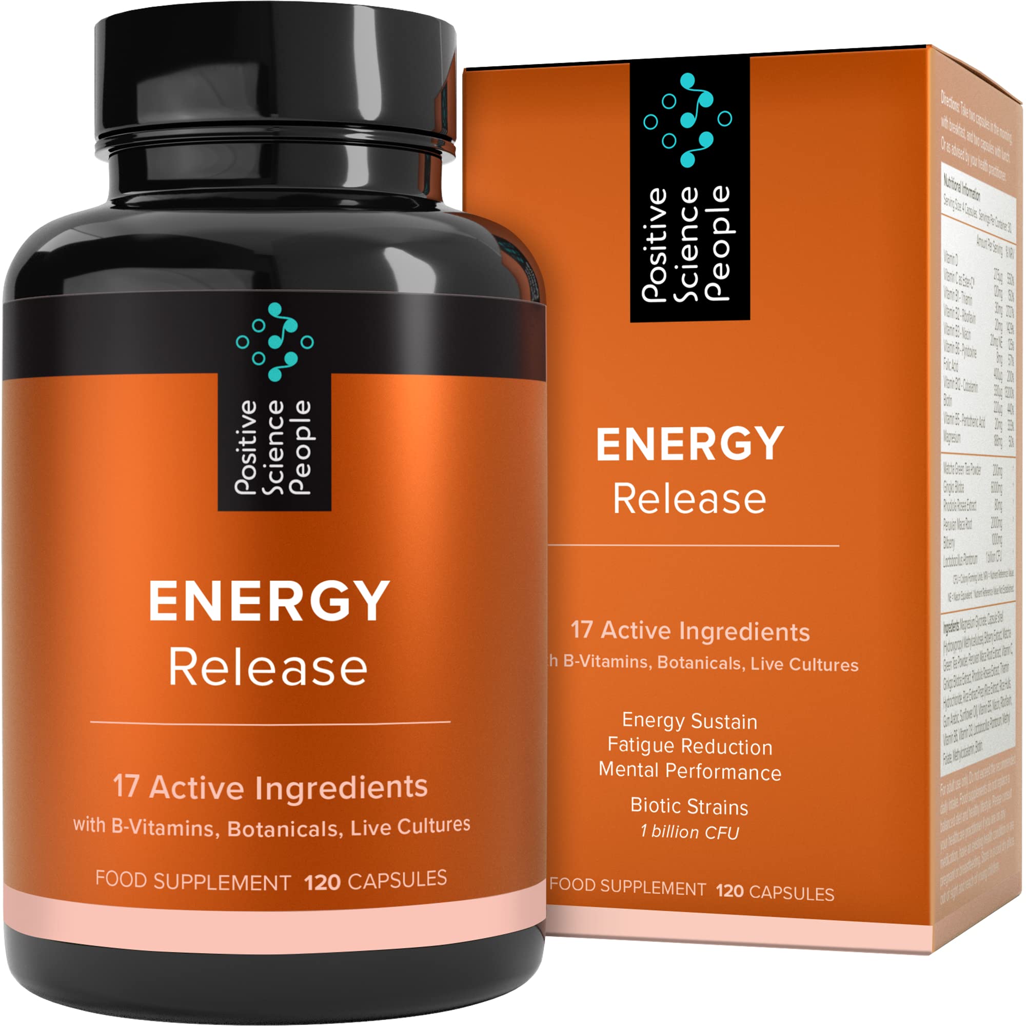 4-in-1 Energy & Mental Performance Supplement with Vitamin B Complex, Maca, Ashwagandha, Ginkgo Biloba, Minerals & Probiotics - 17 Nutrients for Fatigue & Tiredness Relief - Vegan, 30-Day Supply