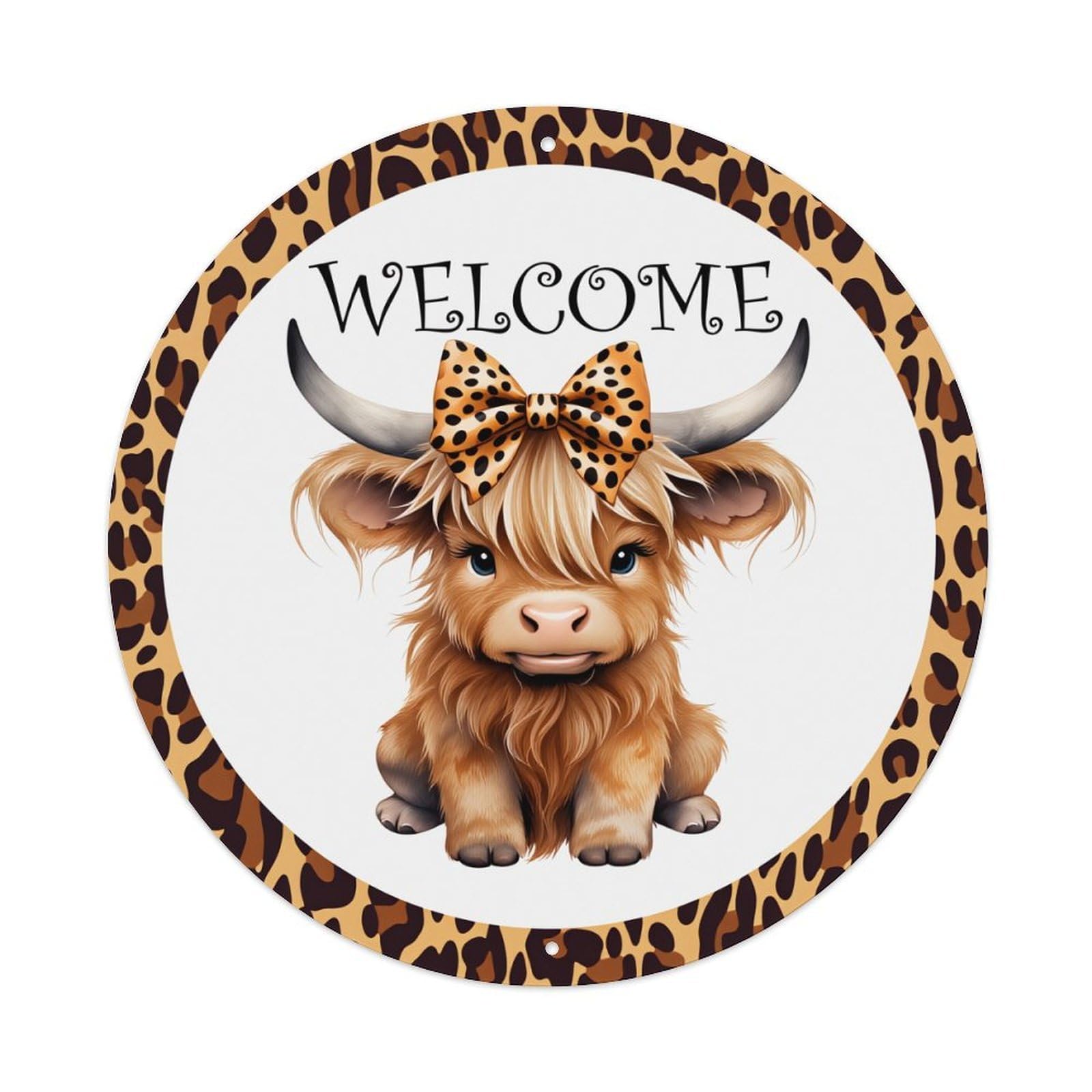 Jdfenggu Vintage Leopard Print Border Cute Cow With Bow Retro Metal Tin Sign, Metal Poster For Bar, Home, Man Cave, Kitchen, Laundry Room Art Decor 8X8 Inch