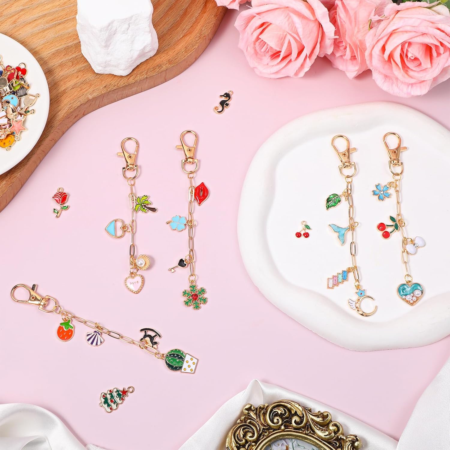 286 Pcs Gold Keychain Making Kit Bulk Cute Bag Charm Kit, Including Jewelry Plier, 120 Charms 20 Keychain Clips with Key Ring, 120 Jump Ring, 25 Extender Chain for DIY Crafting And Jewelry Making - Image 4