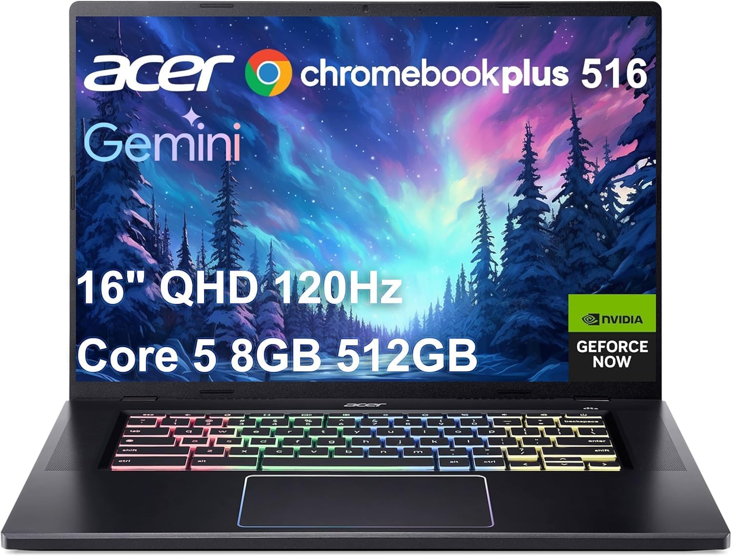 Product image of Acer Chromebook Plus 516 GE Laptop (16" 3K 120Hz, Intel Core 5 120U, 8GB RAM, 256GB SSD, NVIDIA GeForce NOW, 2TB Cloud Storage, (10-Core＞i7-1165G7)) Cloud Gaming, RGB Backlit, 1080p Webcam, Chrome OS