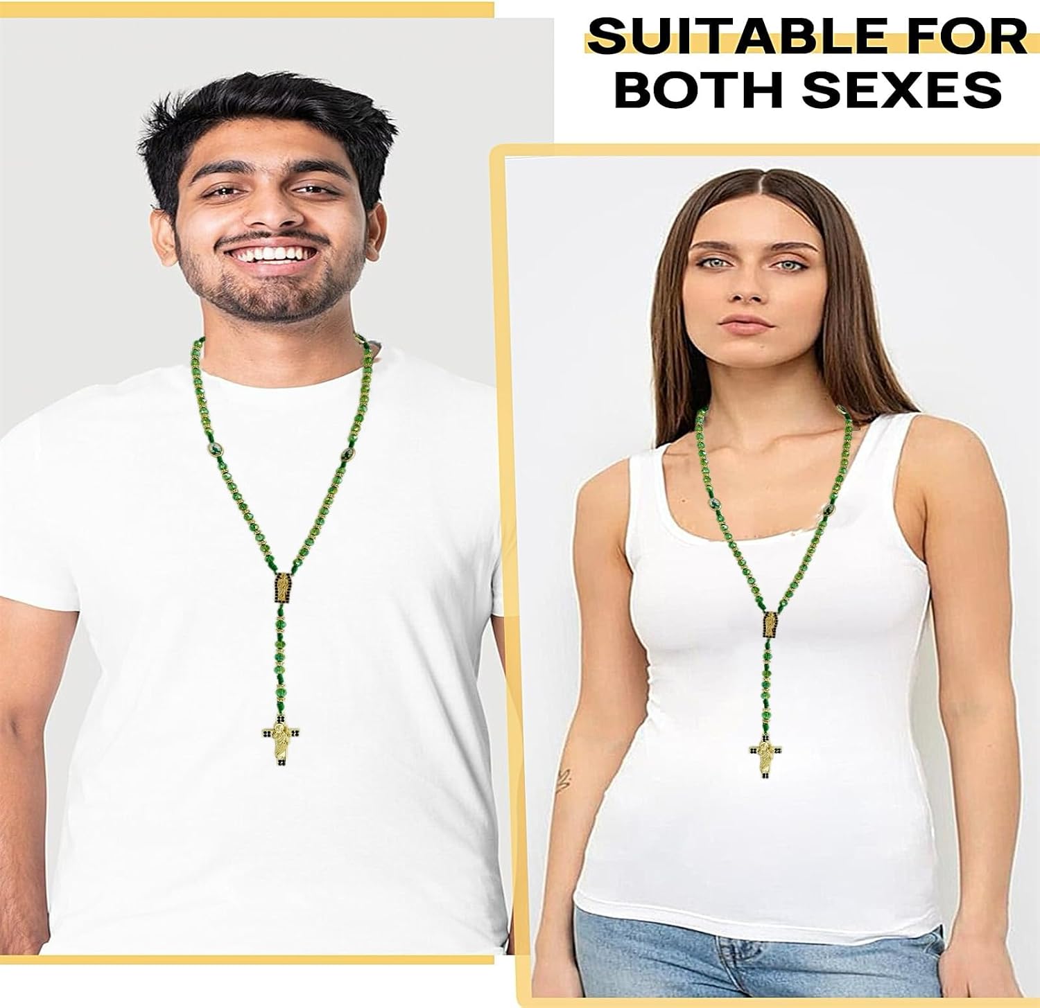 Exquisite Rosary Saint Jude Cross Pendant Mexican Necklace - Braided Cord Green Crystal beads Chain, Charm Accessories for Men and Women, Catholic St Jude Elegant Religious Jewelry Gift Idea