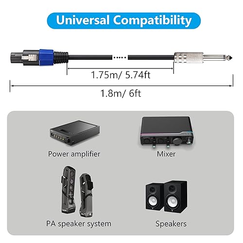 Miniatura 7 de CERRXIAN Cables de altavoz de 6 pies y 5.9 ft a macho de 14 de pulgada, cable de conexión profesional para conector TS de 0.250 in, cable de