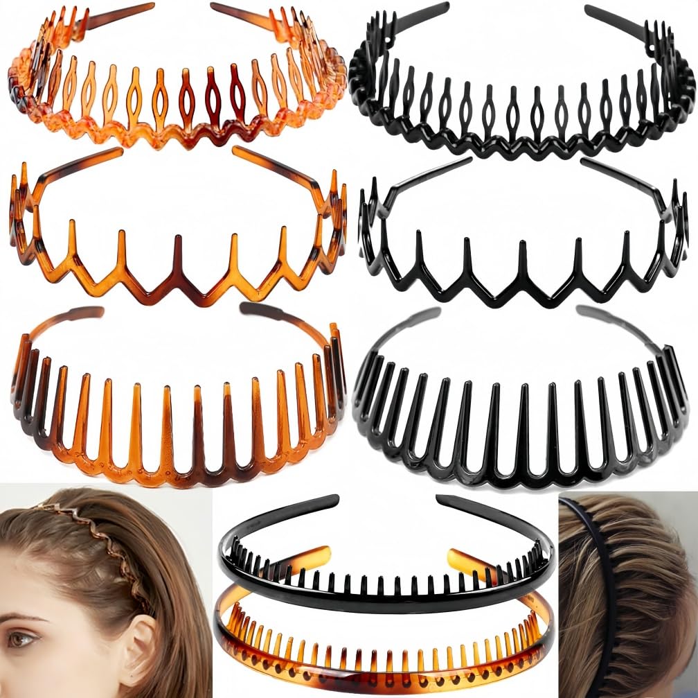8 PCS Plastic Headbands with Teeth Combs for Women & Men - Non-Slip Makeup & Shower Headbands, Unisex Hairbands for Female/Male/Teens, Washable Grip Hair Holder (8-Pack)