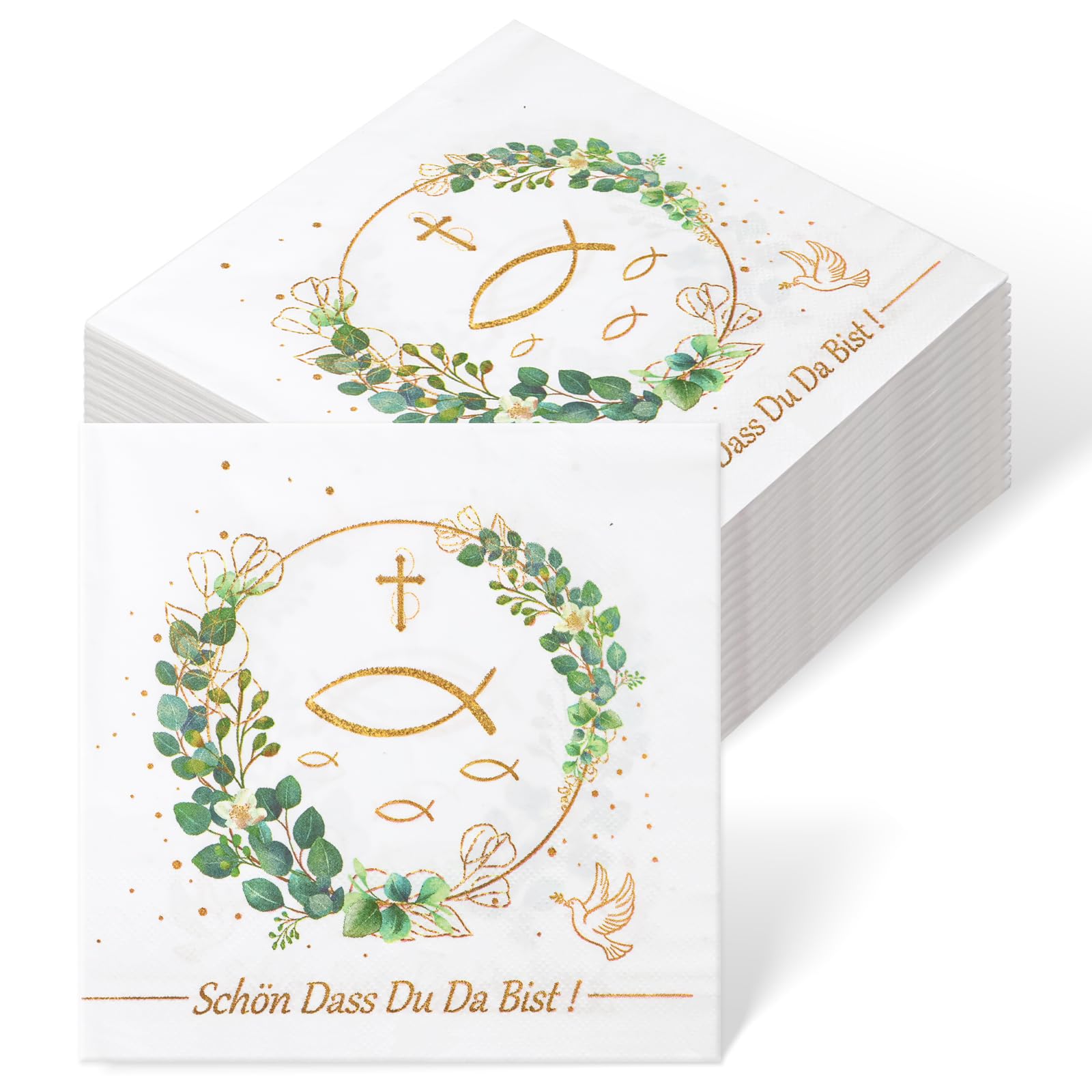 Servietten Kommunion Konfirmation Taufe Tischdeko, 40 Stück Servietten Schön Dass Du Da Bist, Fisch Eukalyptus Servietten Hochzeit Geburtstag Deko für Mädchen Junge