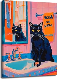 Funny Bathroom Cat Wall Art Wash Your Paws Wall Decor Maximalist Trendy Pet Black Cat Canvas Painting Poster Prints Cute Playful Animal Bathroom Art Aesthetics Pictures Framed 12x16 inch