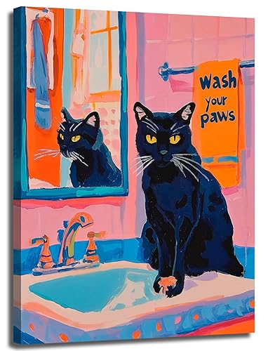 Funny Bathroom Cat Wall Art Wash Your Paws Wall Decor Maximalist Trendy Pet Black Cat Canvas Painting Poster Prints Cute Playful Animal Bathroom Art Aesthetics Pictures Framed 12x16 inch - 16"L x 12"W - black