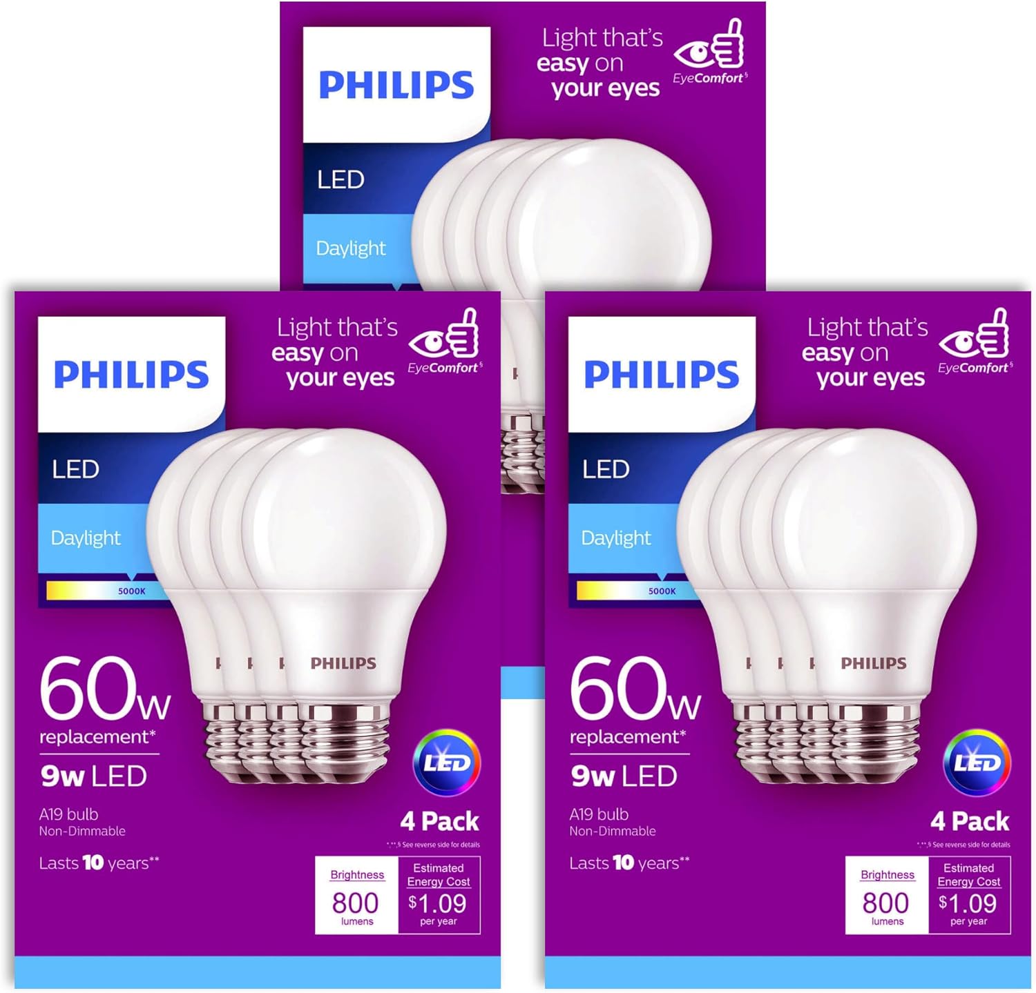 PHILIPS LED Frosted Non-Dimmable A19 Light Bulb - Pack of 12 - EyeComfort Flicker Free - 8.8W = 60W - 800 Lumen - Daylight (5000K) - E26 Base - Indoor - Title 20