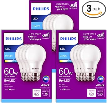 PHILIPS LED Frosted Non-Dimmable A19 Light Bulb - Pack of 12 - EyeComfort Flicker Free - 8.8W = 60W - 800 Lumen - Daylight 5000K - E26 Base - Indoor - Title 20