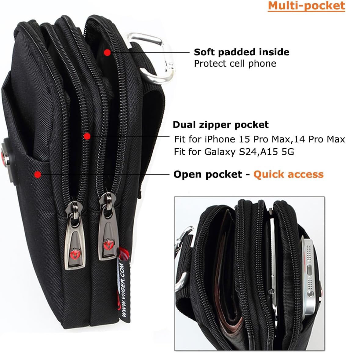 VIIGER Versatile Nylon Dual Phone Holster Cellphone Belt Case Holder Mens Belt Pouch w/Clip Smartphone Belt Loop Pouch Bag 2 Zipper Pockets Compatible with iPhone 17 Pro Max Case S25 Ultra, Black - Image 2