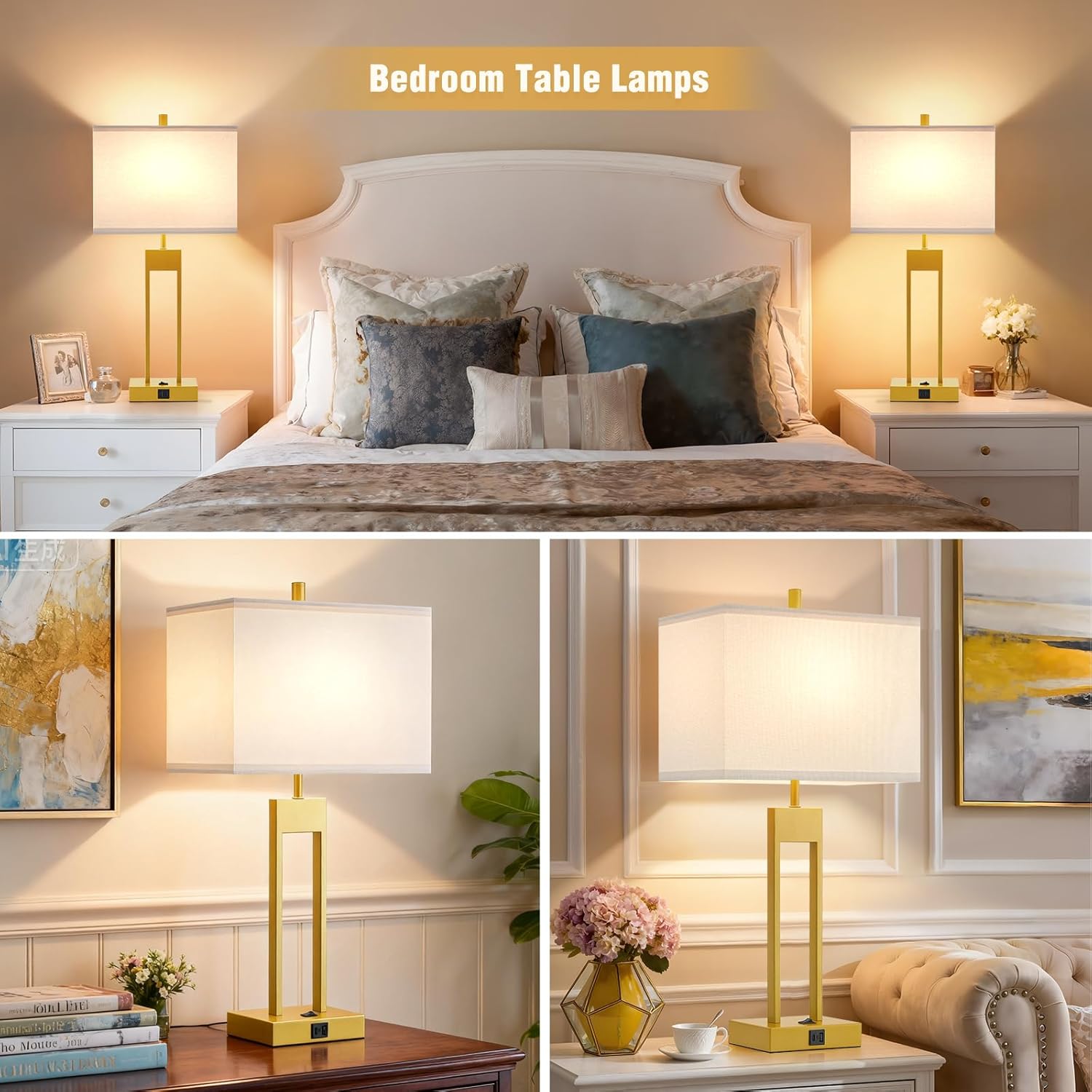 GyroVu Extra Large 25.5" Nightstand Table Lamps for Bedrooms Set of 2, Bedside Lamp with USB C+A, Colors Changeable Living Room Lamp, Modern Night Stand Lamps for Bedside Reading, Gold+White Shade