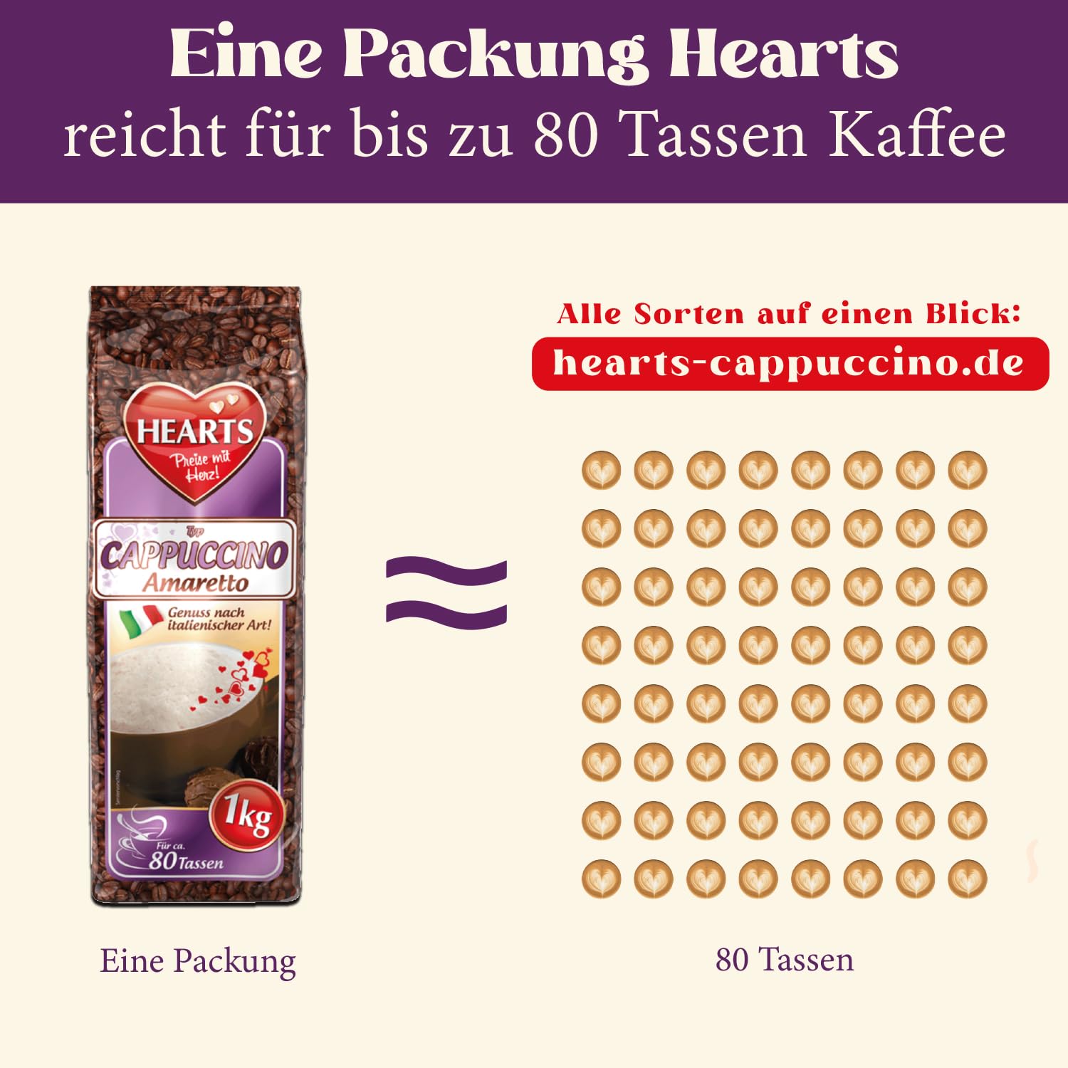 HEARTS Cappuccino Amaretto 10 x 1 kg – przyjemność w stylu włoskim, ok. 80 filiżanek/opakowanie, kawa rozpuszczalna w proszku – opakowanie magazynowe – aromatyczna i rozpuszczalna