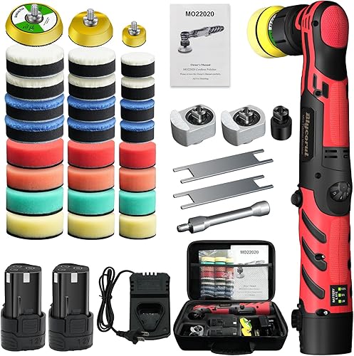 Mini pulidora inalámbrica, 11.52 pulgadas, DA&RO con 11 velocidades variables 2500-6000 RPM, 2 baterías recargables de 2.3 Ah, micropulidora roja