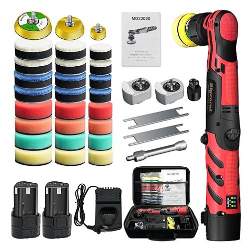Blycorul Cordless Mini Polisher,1/1.5/2Inch,DA&RO with 11 Variable Speed 2500-6000 RPM,2 * 2.3Ah Rechargeable Batteries,Red Car Detailing Micro Polisher