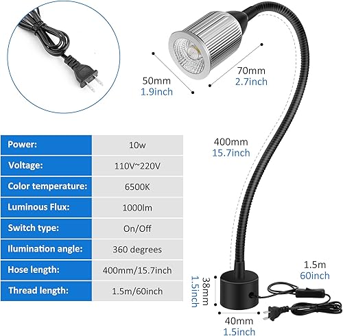 Miniatura 8 de Luz de trabajo LED de máquina magnética de 10 W con cuello de cisne flexible y base magnética, 1000 lm, lámpara de herramienta de base magnética
