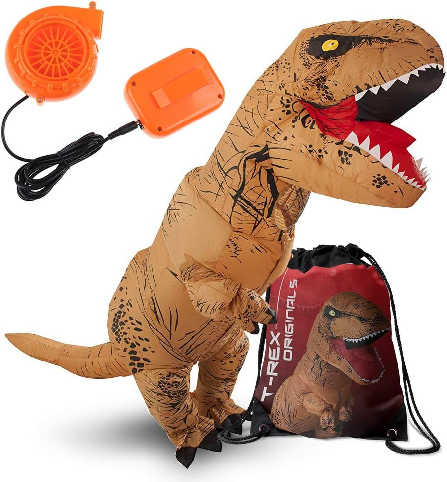 Adult Dinosaur Costume Inflatable T-Rex Brown Suit with Exclusive Red Drawstring Bag