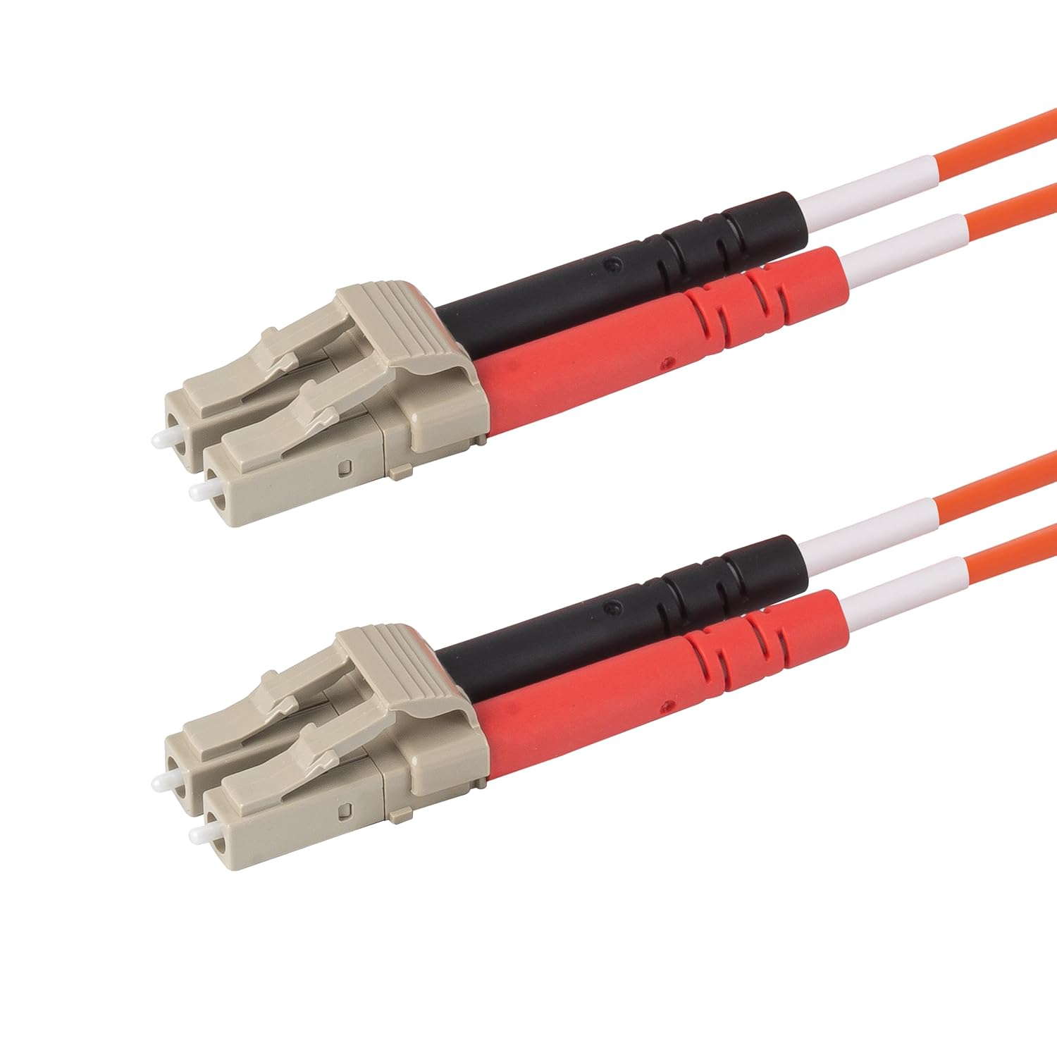 SpeedyFiberTX 2-Pack 2 Feet LC to LC Fiber Optic Patch Cable, Red and Black Boots, Corning InfiniCor Multimode OM1 62.5/125um Optical Fiber, Duplex Orange Riser OFNR Cable Jacket