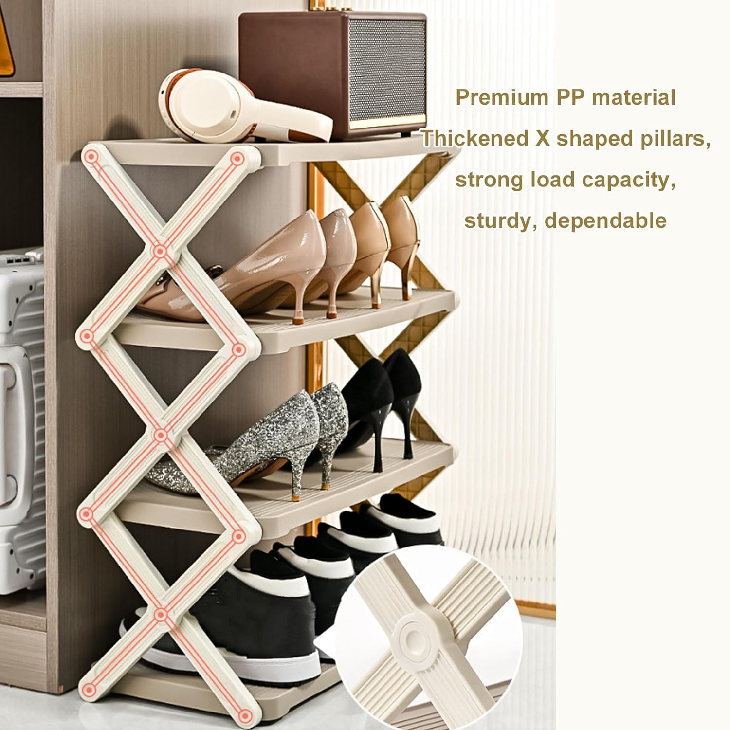 CHICIRIS Folding Shoe Rack, PP Sturdy Space Saving, No Installation Shoe Organizer for Home Hallway Stairwell Footwear Storage (4 Layers)