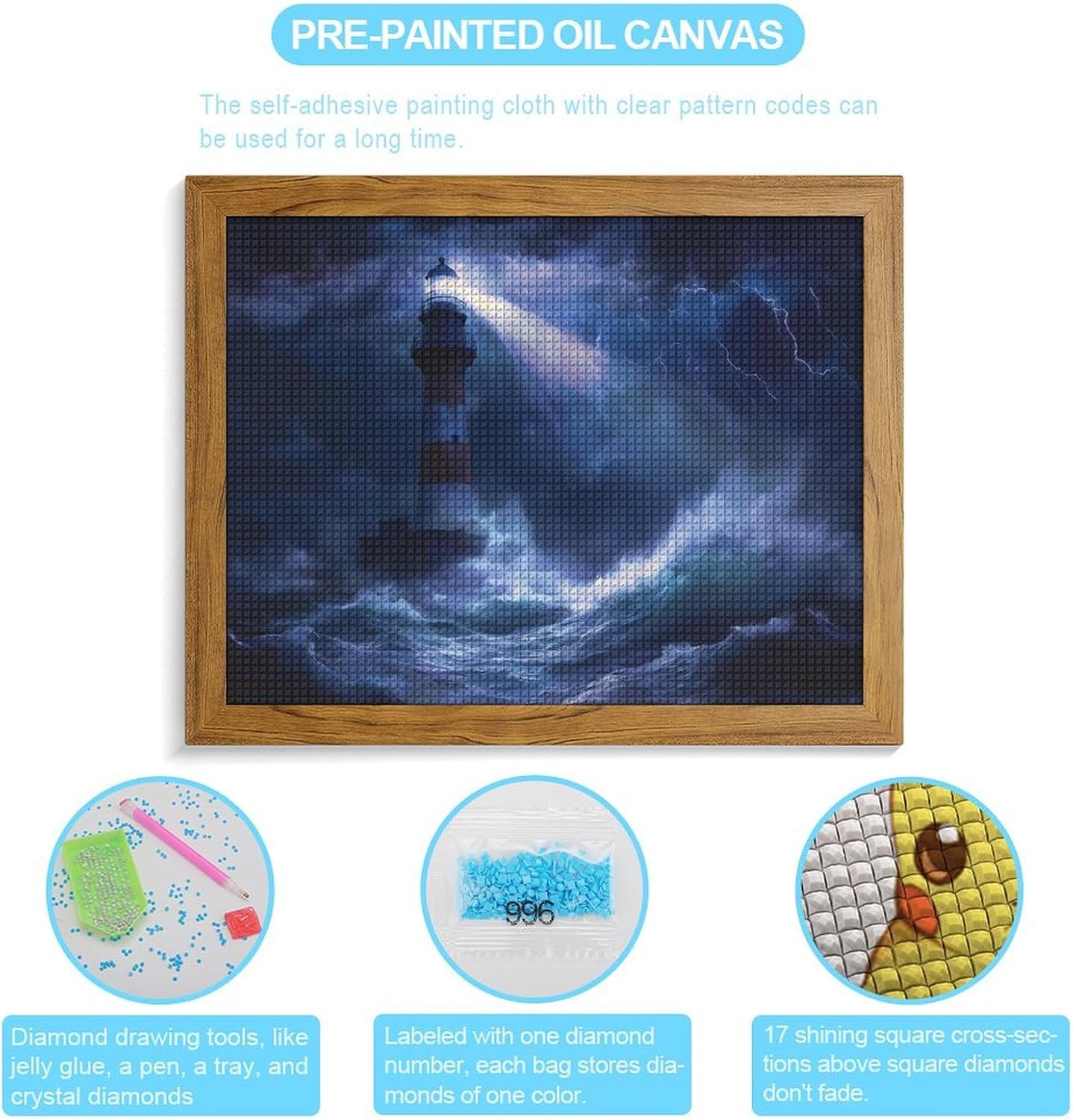 Lighthouse at Sea in Heavy Rain Printed Diamond 5D Painting Kits DIY Full Drill Crafts for Home Wall Decor 16x20 Inch Yellow Wood 50 * 40cm