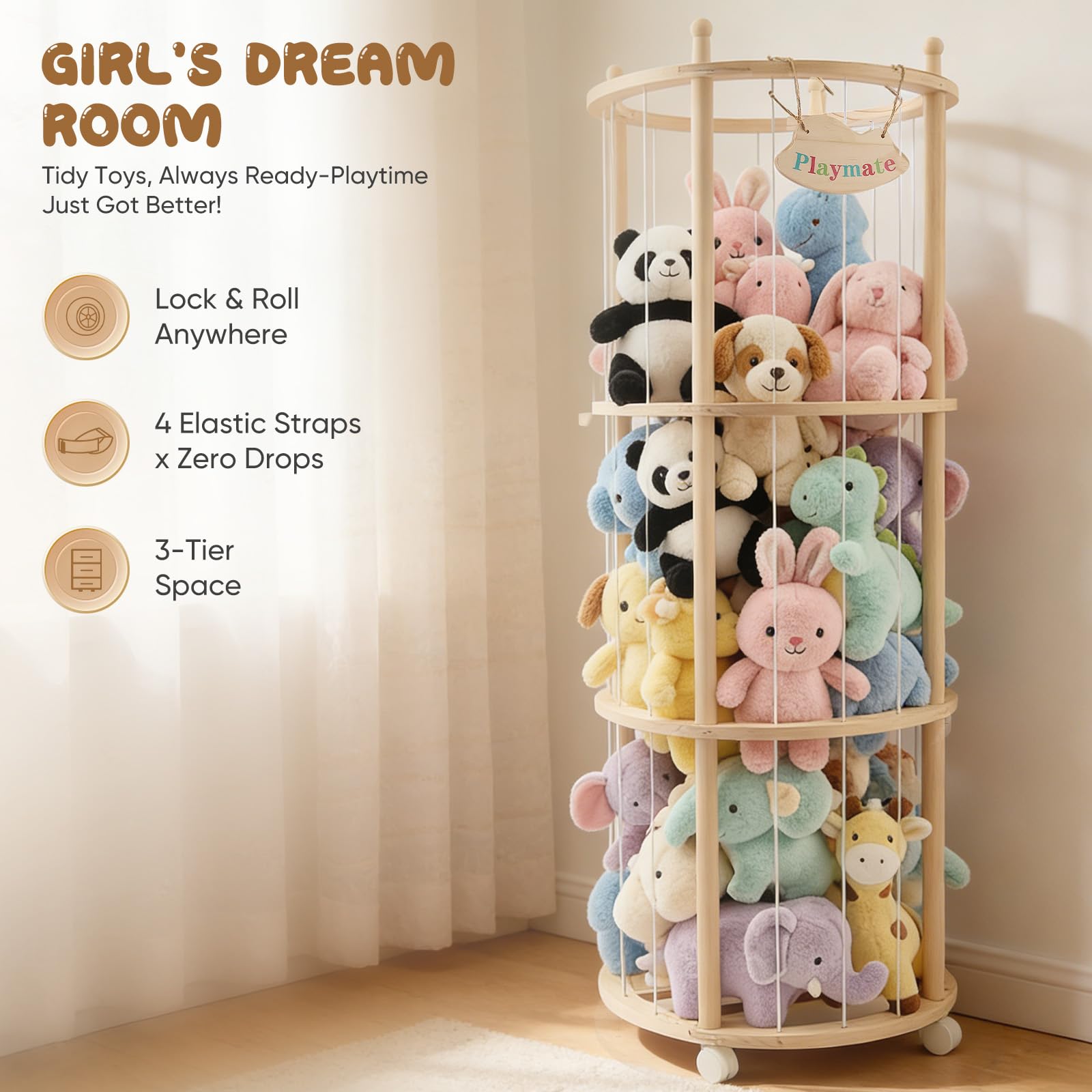 Almacenamiento de peluche, con ruedas equipadas de freno de 360°, ideal para habitación de bebé, salón, dormitorio, muebles de habitación infantil (137 x 51 x 51 cm)