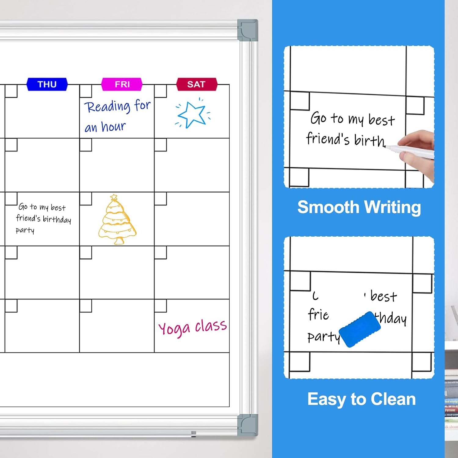 Dry Erase Calendar Whiteboard for Wall, 24" x 18" Magnetic Monthly White Board Calendar with Tray, Hanging Dry Erase Board for Office, Home, School