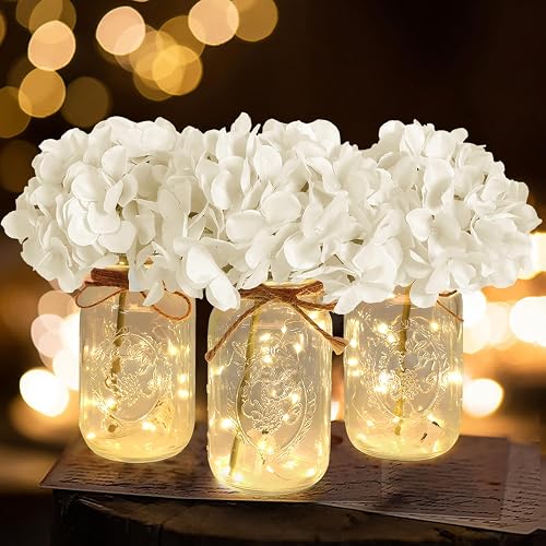 Set of 3 Mason Jar Lights, White Hydrangea Holiday Table