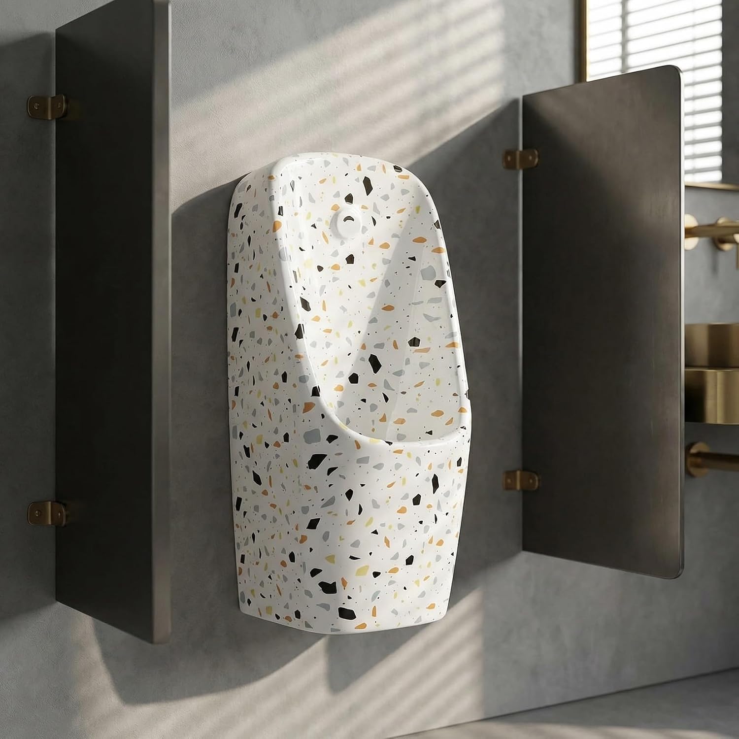 Wall Mounted Urinal for Men, Smart Automatic Induction Ceramic Urinal with Splash-Proof High Rim Design, Terrazzo Finish Male Toilet for Commercial and Home Bathroom Use(White B)