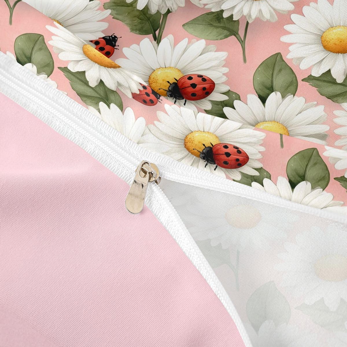 Castle Fairy Daisy Floral Bugs Duvet Cover Set Toddler Size Cartoon Ladybug Bedding Set 2Pcs for Kids Girls Adults Room Decor Cute Wildflowers Soft Pink White Red Quilt Cover,1 Pillowcase(No Core)