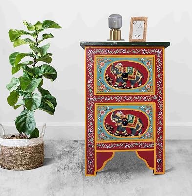 Solid Wood Bedside Table | Handcrafted Multicolour Nightstand | Wooden Side Table for Bedroom, Living Room & Home Decor