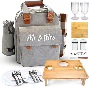 Insulated Picnic Backpack for Couples with Collapsible Bamboo Table