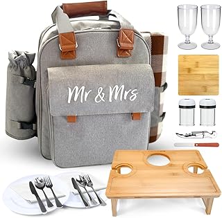Insulated Picnic Backpack for Couples with Collapsible Bamboo Table – Waterproof Blanket, Wine Glass Holder, Stainless Steel Utensils – Wedding, Engagement, Anniversary, Bridal Gift for 2